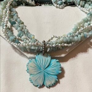 Blue Floral Pendant Necklace with gemstones, pearls and mother of pearl center
